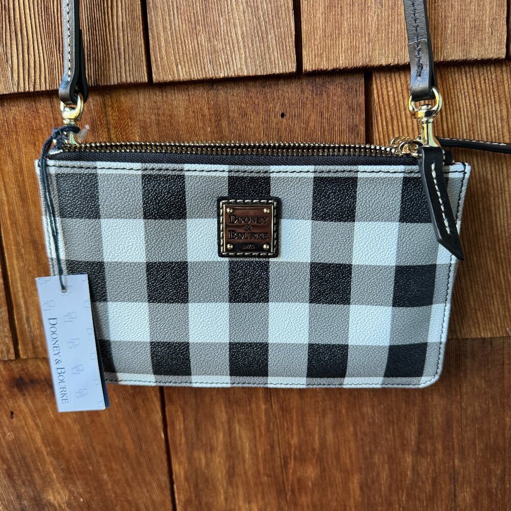 NWT Dooney & Bourke Bella Black/White Buffalo Check Large Zip Around Crossbody